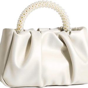 Beatfull Evening Bag for Women Small Soft Leather Pearl Handbag Ruched Handbag for Wedding Bridal Party Prom Crossbody Bag White, white