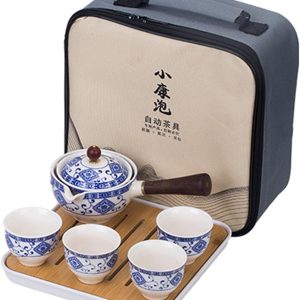 fanquare Blue and White Porcelain Travel Portable Tea Set,Handmade Kungfu Tea Set, Teapot, 4 Cups and Bamboo Tea Tray with Bag
