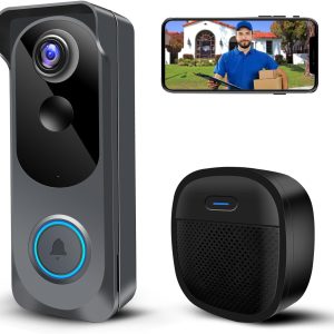 Wireless Video Doorbell with Doorbell, 1080P WiFi Smart Camera, Voice Changer, PIR Motion Detection, Two-Way Audio, Night Vision, Battery Powered, IP66, Works with Alexa