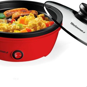 Elite Gourmet EGL-6101 Personal Non-Stick Electric Sauté Pan with Tempered Glass Lid, Fast Heating, 650 Watts, Red