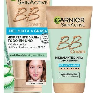 GARNIER Skin Active – BB Cream (for combination to oily skin, with SPF 25, Hyaluronic Acid, Aloe Vera Extract and Mineral Pigments, Hydrates, Unifies, Corrects and Brightens) Light Tone – 50ml