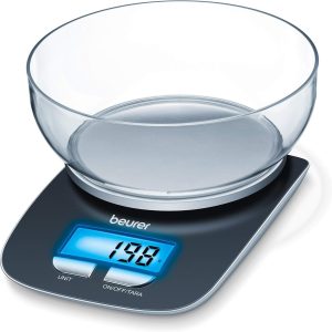 Beurer KS 25 Kitchen Scale with Transparent Bowl, Auto-Tare Function, 3 kg/1 g, Blue LCD Display (6.5 x 2.8 cm), Display Height 2.2 cm, Black Silver
