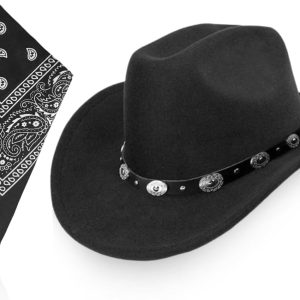 1 Wide Brim Cowboy Felt Hat and 1 Multifunctional Square Scarf, Retro Hats, Clothing Accessories, Fashion Simple Hats, Black/White, S-M