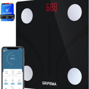 GRIFEMA, GA2001 Digital Body Fat Bathroom Scale, Bluetooth Smart with MovingLife App, 13 Body Monitoring Functions, Maximum 150 kg, Black