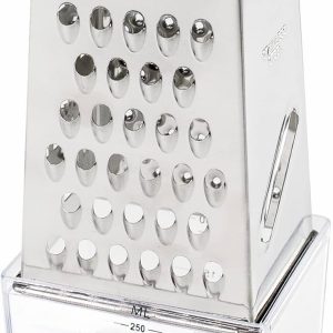 Lacor – 61363 – Kitchen Grater with KEEP Container, Stainless Steel, Includes 250 ml Food Container, 4 Cutting Faces: Fine, Medium, Coarse and Slices, 9 x 6.5 x 20.5 cm