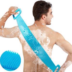 Inmorven Back Scrubber for Shower 30 Inch Silicone Body Brush Extra Long Exfoliating Body Scrubber with Handle for Men and Women (Blue)