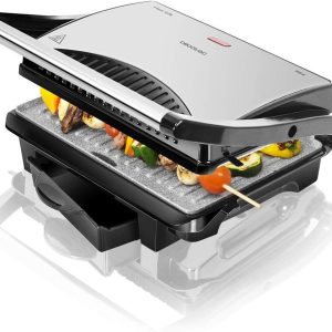 Cecotec Rock’nGrill 1000 Electric Grill, 1000 W, RockStone Non-Stick Coating, Floating Top Plate, Grease Catcher Box, 25.5 x 29.5 x 10 cm, Steel/Black
