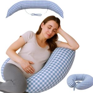 Mobiclinic, Nursing and Pregnancy Pillow, 3 in 1, 100% Cotton Cover, 180 cm, Adjustable Straps, Multi-Function, Aura, Removable and Washable, Multi-Position, Vichy Print
