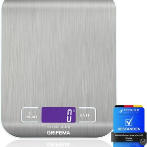 GRIFEMA – GA2002, Kitchen Scales with LCD Display, Stainless Steel, Multifunctional Food Scale 5 kg/11 lbs, Grey: Screen Color: Blue [Amazon Exclusive]