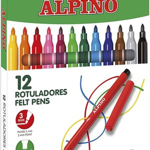 Alpino 12 Coloured Markers | Durable 3 mm Tip for Colouring | Super Washable and Long-Lasting Ink | Case of Bright Colors Markers | School Supplies
