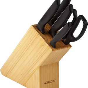 ARCOS 5 Piece Kitchen Set: 4 Knives + Scissors in Wood Block, Ocn Knife Set Stainless Steel Blade and Polypropylene Handle, Nice Series, Black