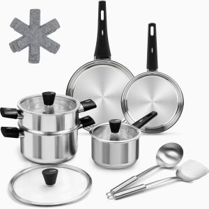 Stainless Steel Saucepan Set, 14 Piece Nontoxic Cookware Set with Stay Cool Handle, Kitchen Induction Pots and Pans Set with Steamer, No