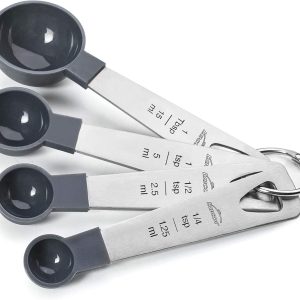 LACOR – 67037 – Set of 4 Measuring Spoons, Liquid and Food Meter, Baking, Stainless and Polypropylene, Stackable, Measurements in ml, tsp, tbsp, BPA Free, Dishwasher Safe, Grey