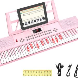 Shayson 61-Key Piano, Electronic Keyboard for Beginners with Illuminated Keys and LED Indicator, Built-in Dual Speakers, Learning Modes, Lectern (Pink)