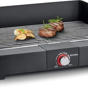 Severin PG 8565 Table Grill with Stainless Steel Grill for Indoor and Outdoor Use with Quick Start Electric Grill with Quick Start Mini Barbecue No Risk of Burns Black