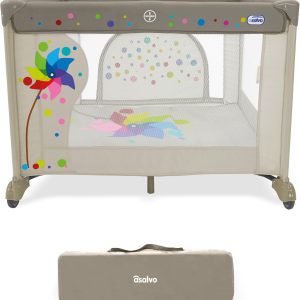 Baby Playpen 106 x 106 cm – Folding Playpen with Padded Base + Front Door and Wheels | Robust Design and Carry Bag SQUARE Grinder Beige Asalvo
