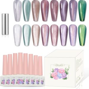 ADHERE 6 x 12 ml Semi-Permanent Nail Polish for UV LED Gel Nail Polish, Cat Eye Magnetic Magnetic Green Purple Nail Polish Kit with Magnet, Manicure