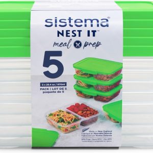 Sistema Nest IT Prepared Meal Storage Containers | 870 ml | Airtight Food Storage Containers with Compartments and Lids | BPA Free | Green | 5 Pack