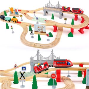 72pcs Kids Wooden Train Set with Wooden Rails, Train Toy for Kids 3 4 5 6 Years Old with Accessories Farm Cars Tractor Bridge Trees Panels