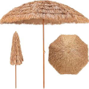 Pincho Straw Parasol Outdoor Terrace 200 cm, Hawaii Garden / Beach Parasol Fibreglass Ribs, Polyester Fabric + PP, Steel Tube Lacquered in Wood Colour, beige