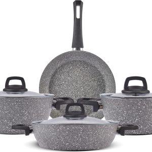Karaca Gris BioGranite 7-Piece Granite Pots and Pans Set, Non-Stick Coating, Dishwasher and Induction Safe, Granite Pots and Pans 3 Pots with 3 Glass Lids and