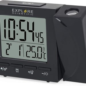 EXPLORE SCIENTIFIC RDP-1001 Projector Alarm Clock, Indoor Temperature, Radio Controlled, Rotating Head, Backlit Display, Alarm, Black