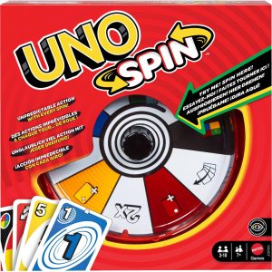 Mattel Games UNO Spin Card Game for Kids, Adults and Family Nights, Classic Game with Roulette and New Rules and Challenges, Activity for Rainy Days, JGR00