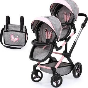 Bayer Design 26733AA Twin Xeo Twin Doll Pram, Double Doll’s Pram, Adjustable Height, Movable Front Wheels, Bag