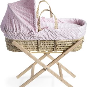 Clair de Lune Dimple Palm Bassinet with Natural Folding Stand, Pink, 75 x 28 cm