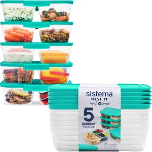 Sistema Nest IT Prep Meal Storage Containers | 1.9 L | Airtight Food Storage Containers with Compartments and Lids | BPA Free | Green | 5 Pack