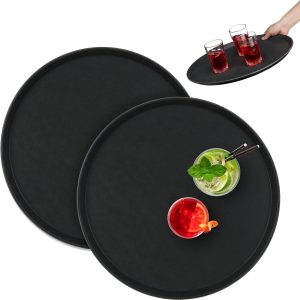 Relaxdays Set of 2 Bar Trays, Round 45 cm Ø, Serving Table, Non-Slip Surface, Waiters, Gastronomy, Black, Rubber