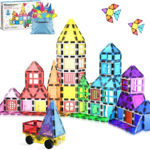 PicassoTiles PT05 61Pcs Magnetic Tiles Building Tiles Magnetic Tiles Set, Sensory Toys with Storage Bag, Drawstring Bag, STEM, Kids, Learning,