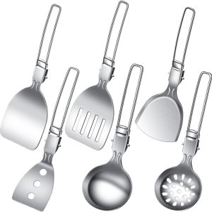 Juego de Utensilios de Cocina para Camping – 6 Piezas Cuchara Sopa Plegable Equipo Viaje – Utensilios de Cocina Reutilizables para Acampada Viaje Playa Barbacoa al Aire Libre
