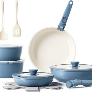 Redchef Nonstick Ceramic Pots and Pans Set, 16 Piece Nonstick Cookware Set with Detachable Handle, Non-Toxic, PFAS PFOA and PTFE Free, Cookware Set