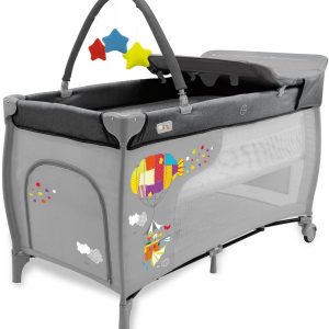 Asalvo 4-in-1 Baby Travel Cot with Double Height, Play Bow, Compact Fold, Padded Base and Carry Bag Mix Plus Zeppelin Grey