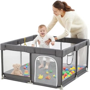 Baby Playpen 50″x50″ Soft Play Mat for Babies and Toddlers, Indoor Outdoor Nursery Furniture Play Mat, Breathable Mesh Fabric with Pull Up Rings