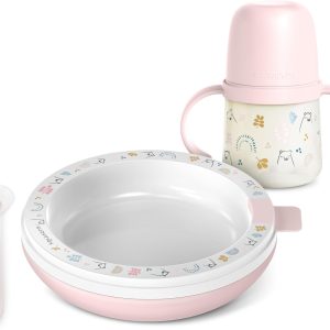Suavinex, Baby Tableware with Thermal Dish, Keeps Food Warm, Includes: Silicone Spoon + Learning Cup with Handles and Silicone Spout + Thermal Dish, +6 Months, Bears Pink