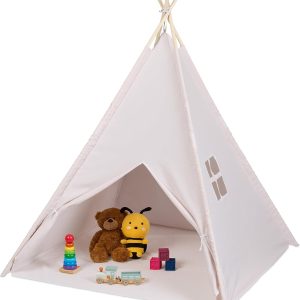 Relaxdays Children’s Teepee Tent, Girls, with Floor Included, 158 x 125 x 125 cm, Beige, Polyester