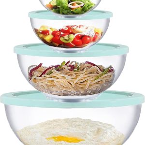 Set of 4 Glass Mixing Bowls with Lids (0.5L, 1.0L, 2.0L, 3.5L) Large Round Salad Bowls for Kitchen, Ideal for Food Storage, Cooking, Baking, Prepping