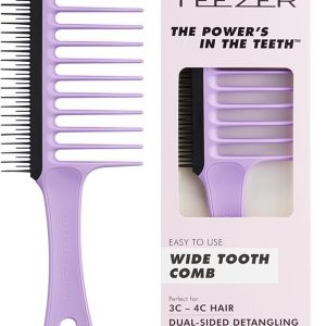 Tangle Teezer Wide Tooth Comb – Wide Tooth Comb – Ideal for Curly and Afro Hair 3C-4C – Detangles and Reduces Breakage – Flexible Double Height Tines – Defines Curls – Lilac and Black