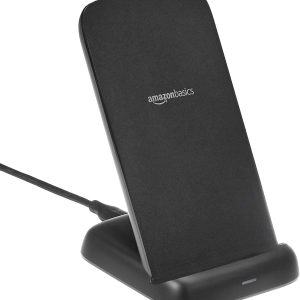 Amazon Basics Qi Certified 10W Wireless Charging Stand for iPhone 16/15/14/13/12/11/X, Samsung and More with USB Cable (No AC Adapter), Black