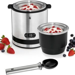 WMF Kitchenminis 3 in 1 Ice Cream Yogurt Sorbet Ice Cream Maker 12 W Glass Display with Counter Function and Ice Cream Spoon 300 ml Matt Chromargan Stainless Steel Finish