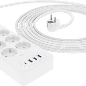 Amazon Basics Rectangle 6-Outlet Power Strip with Surge Protection, 1 USB-C (20W), 3 USB-A (12W), 1050 J, Braided Cable, 1.5 m Long, White