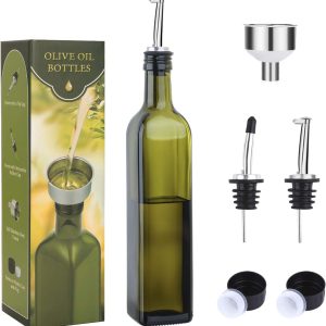 AOZITA 17oz Glass Olive Oil Dispenser Bottle 500ml Vinegar with Pourers and Funnel Olive Oil Jug for Kitchen Green