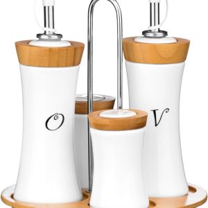 Premier Housewares Ceramic and Bamboo Concave Oil and Vinegar Set, White