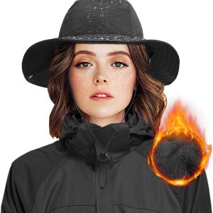 Waterproof Hats for Men Women Winter Hats Fleece Lined Warm Wide Brim UPF50+ Rain Hats with Chin Strap Foldable Windproof Golf Hats, Black/White, One size