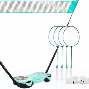 EasyGo Badminton Set with Net, 4 Rackets, 4 Birds, Portable Storage Box for Backyards, Outdoor Games
