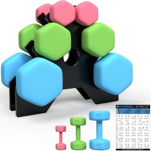Hex Dumbbells Set for Women Men 12kg Dumbbell Set with Stand and Fitness Poster, Non-Slip and Sweatproof Dumbbells for Home Gym (Pink 1kg/Green 2kg/Blue 3kg)