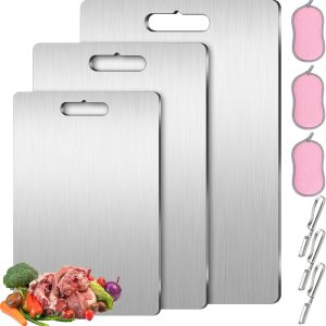 3 Pack Titanium Cutting Boards for Kitchen, Double Sided Stainless Steel Cutting Board with Kitchen Sponge and Peeler, Yamato Titanium Cutting Board Set Multifunctional