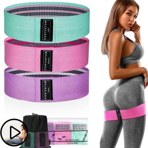 PORTENTUM Elastic bands for bodybuilding, set of 3 non-slip fabric fitness bands, 3 levels of resistance for crossfit, yoga, buttocks and other sports and storage bag
